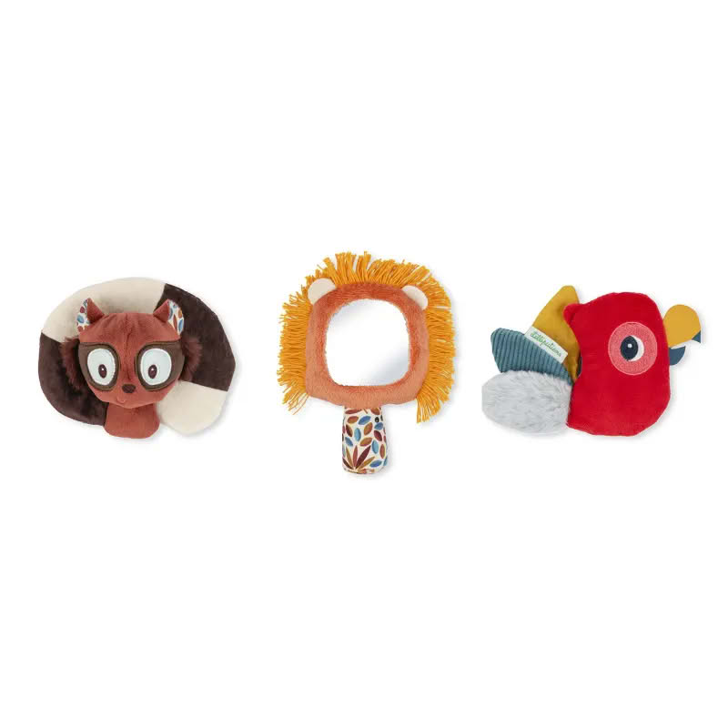 Set 3 sonagli sensoriali a forma di animali per neonati, contenente procione, leone e pappagallo